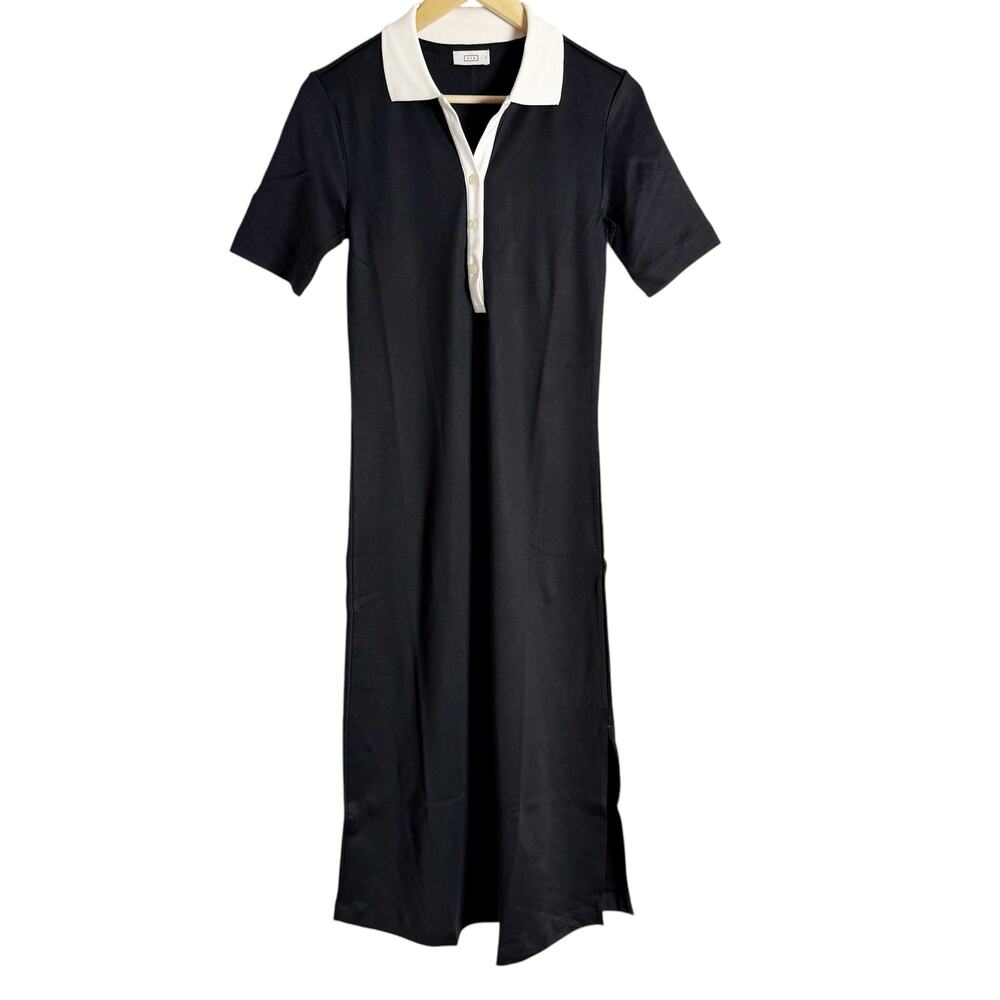 AYR The Scout Black Polo Collar Short Sleeve Cotton Preppy Midi Dress Size Small